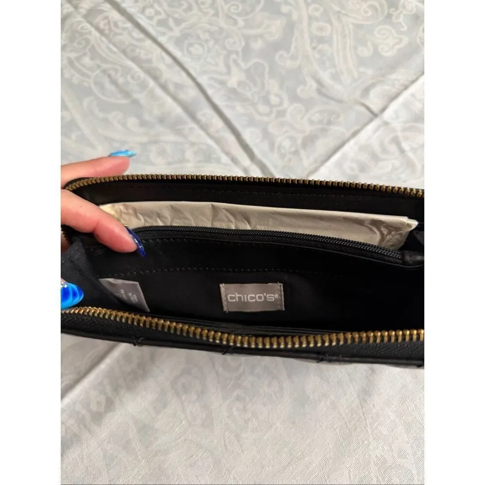 NWT Chico’s Black Leather Quilted Stud Wallet New